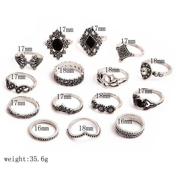 15 Piece Silver Bohemian Retro Ring Set - Picture 2 of 6